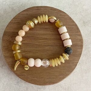 Stella & Dot Stretch Bracelet Neutral Beige Mixed Tone Stretchy Beaded Gold Tone
